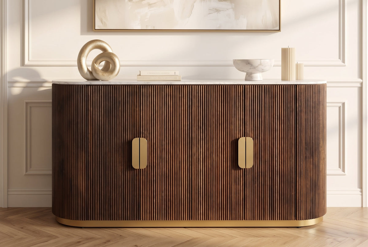 Buffet massif GATSBY 140cm bois de manguier brun métal doré plateau en marbre blanc