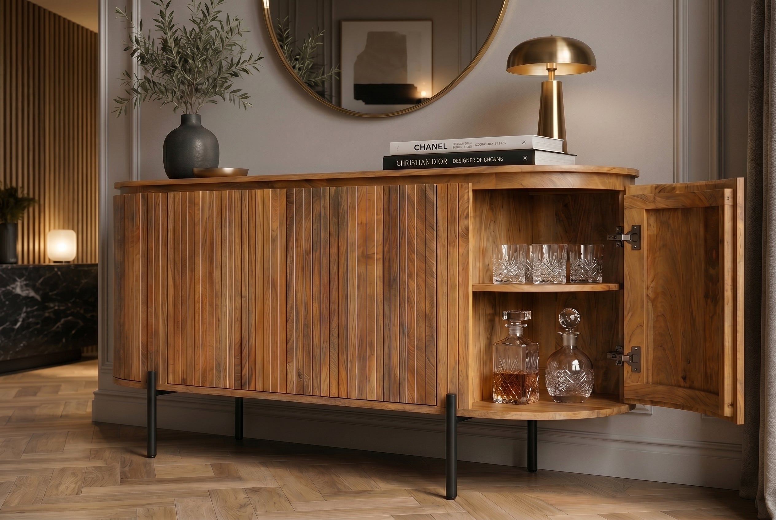 Buffet massif GATSBY 160cm bois de manguier naturel métal noir avec façade à lattes