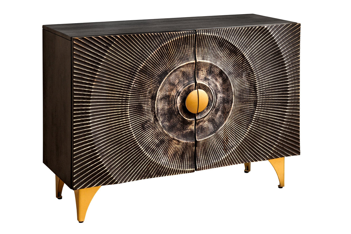 Buffet massif GOLDEN SUNSET 100cm bois de manguier noir sculpture 3D métal doré