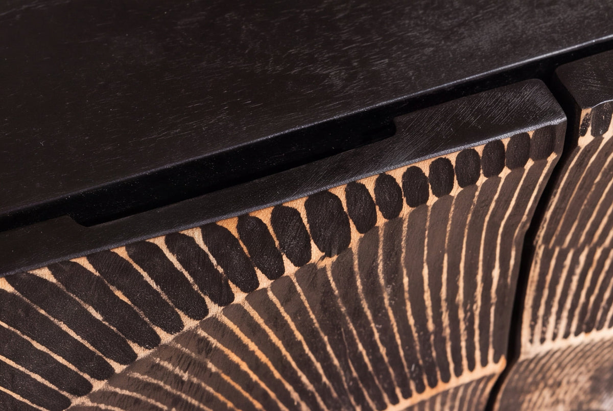 Buffet massif GOLDEN SUNSET 100cm bois de manguier noir sculpture 3D métal doré