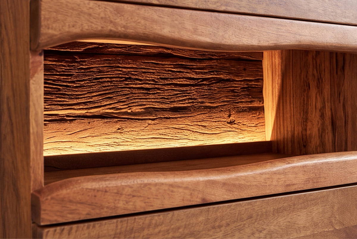 Buffet massif GRAND 180cm en manguier marron avec tiroirs lumineux LED