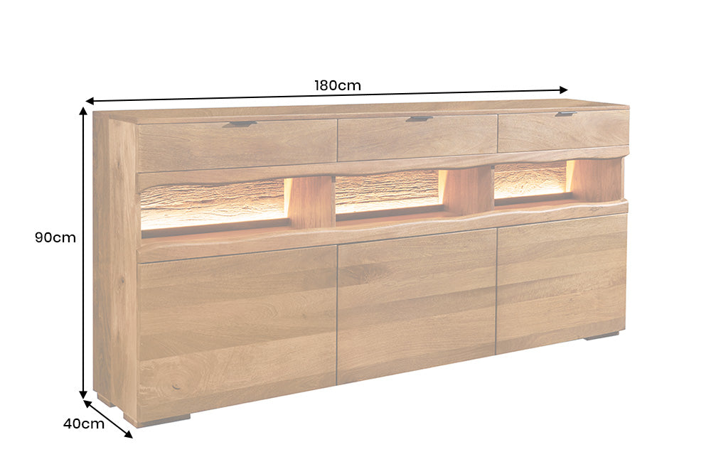 Buffet massif GRAND 180cm en manguier marron avec tiroirs lumineux LED