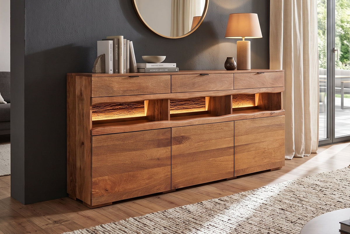 Buffet massif GRAND 180cm en manguier marron avec tiroirs lumineux LED