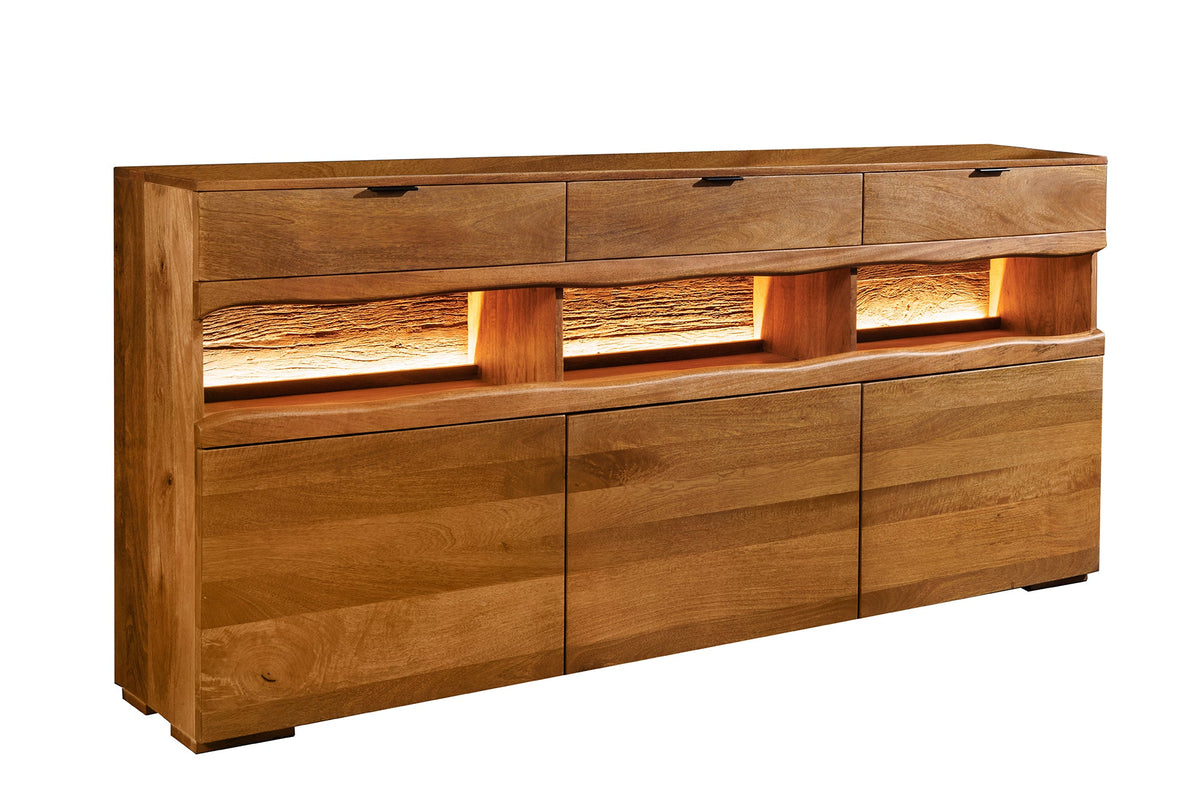 Buffet massif GRAND 180cm en manguier marron avec tiroirs lumineux LED