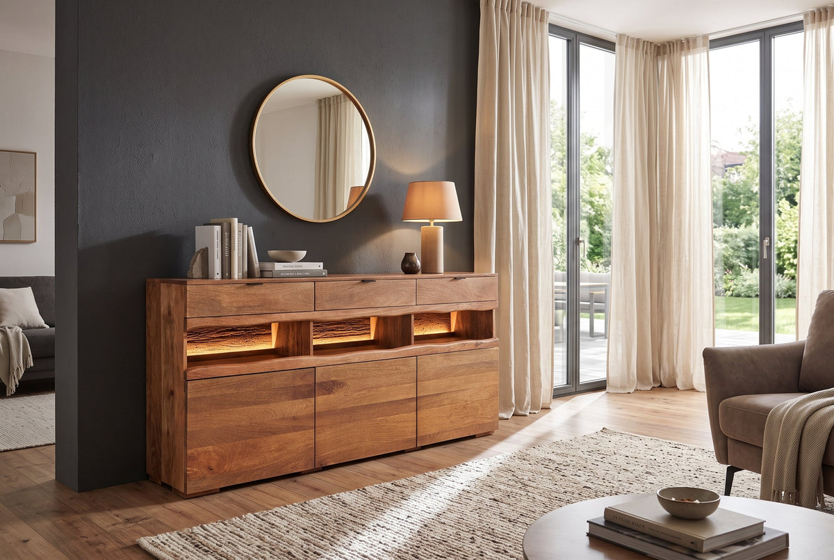 Buffet massif GRAND 180cm en manguier marron avec tiroirs lumineux LED