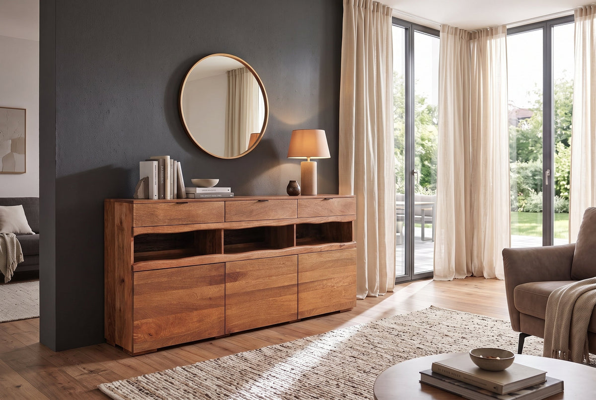 Buffet massif GRAND 180cm en manguier marron avec tiroirs lumineux LED