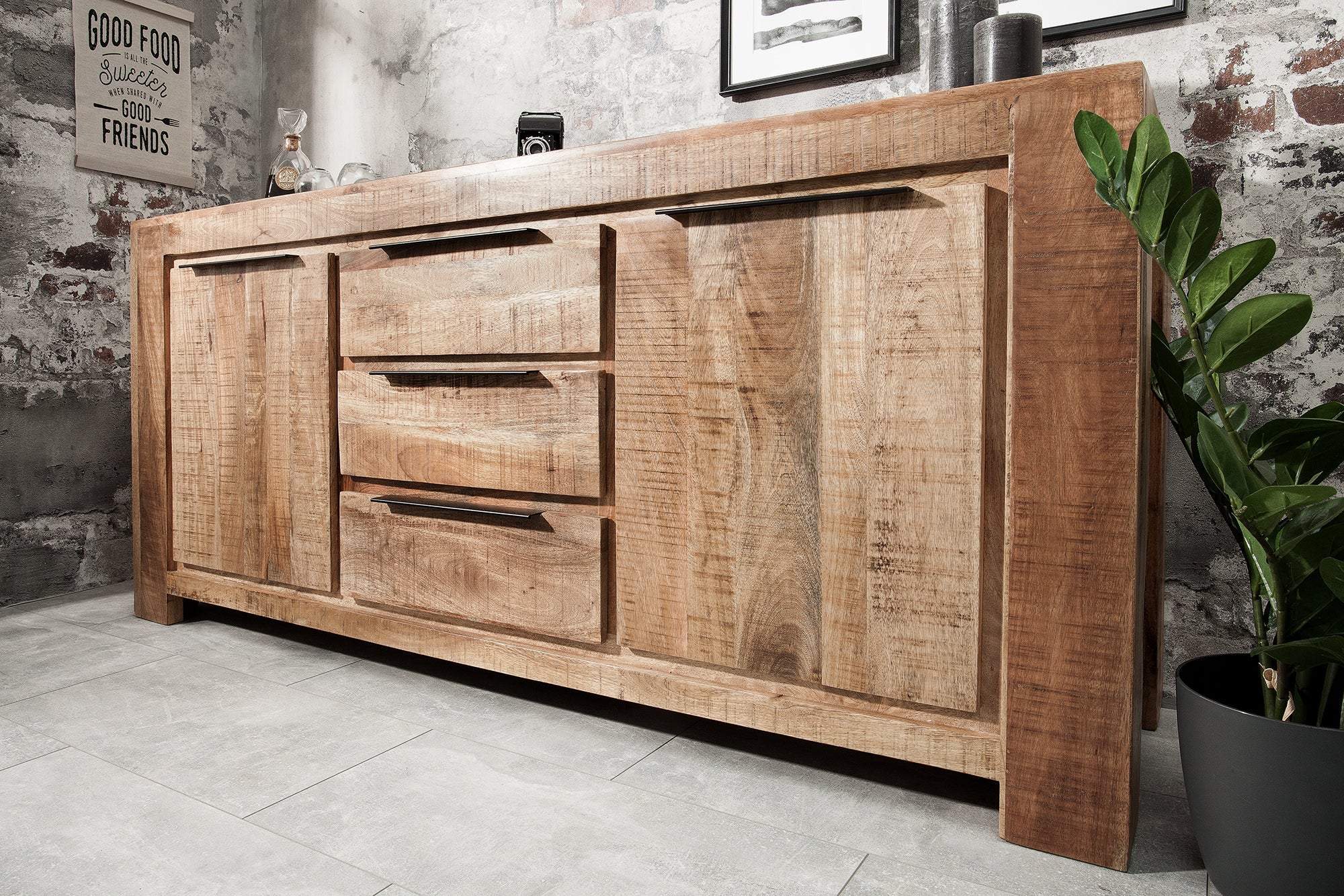 Buffet massif IRON CRAFT 175cm commode en bois de manguier avec tiroirs fait main