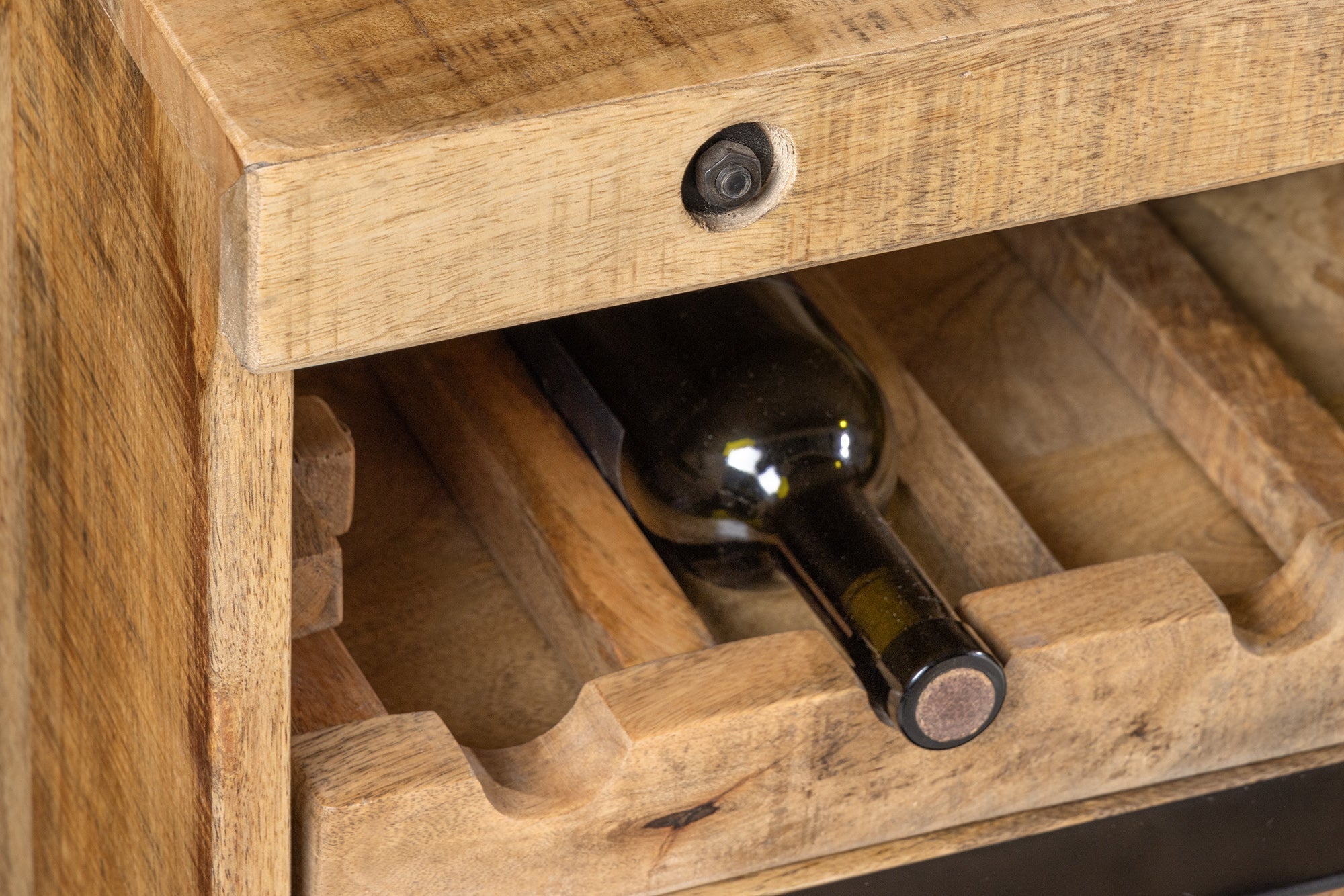 Buffet massif IRON CRAFT 175cm en bois de manguier naturel avec tiroirs casier à vin