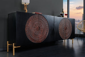 Buffet massif MANDALA 160cm en bois de manguier noir avec sculptures 3D pieds dorés