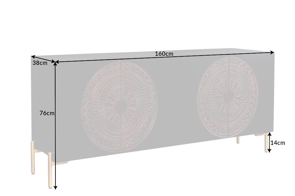 Buffet massif MANDALA 160cm en bois de manguier noir avec sculptures 3D pieds dorés