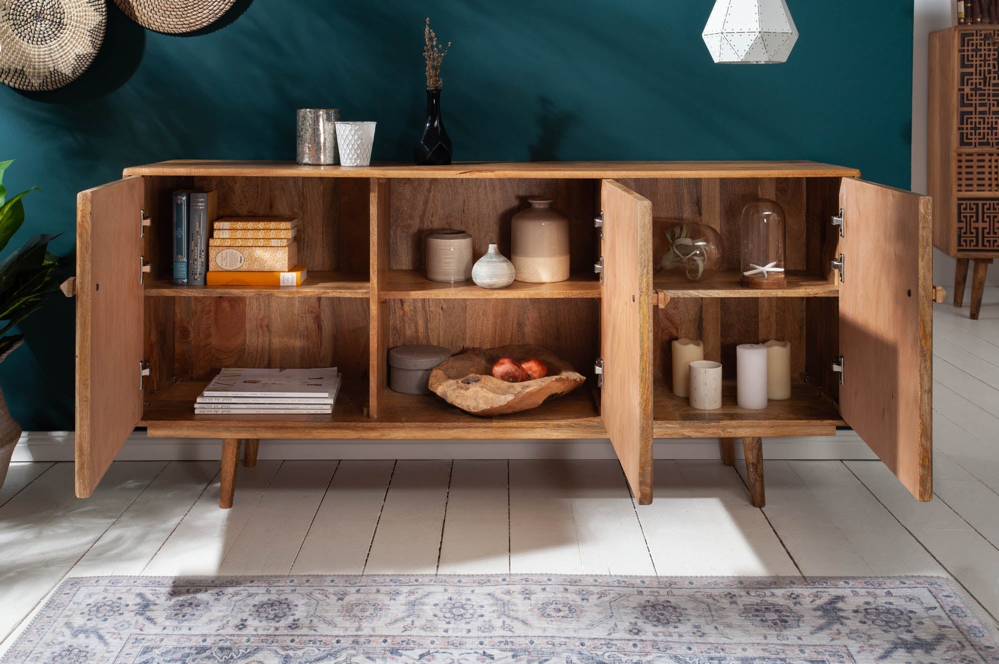 Buffet massif MARRAKESCH 160cm en manguier avec décoration style bohème