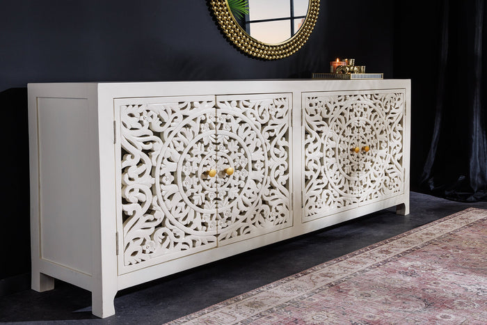 Buffet massif MARRAKESCH 170cm en manguier blanc avec décoration faite main