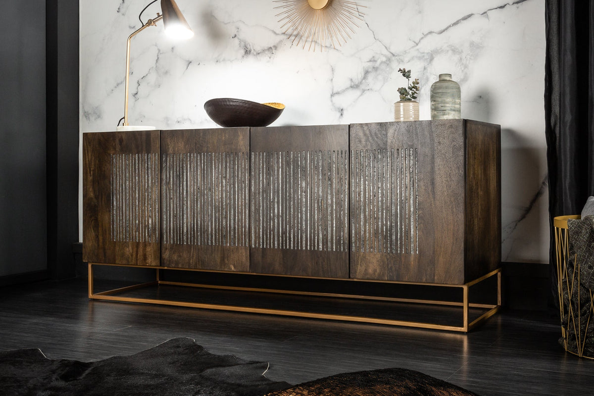 Buffet massif ONYX 180cm bois de manguier marron foncé pierre précieuse agate structure métal doré