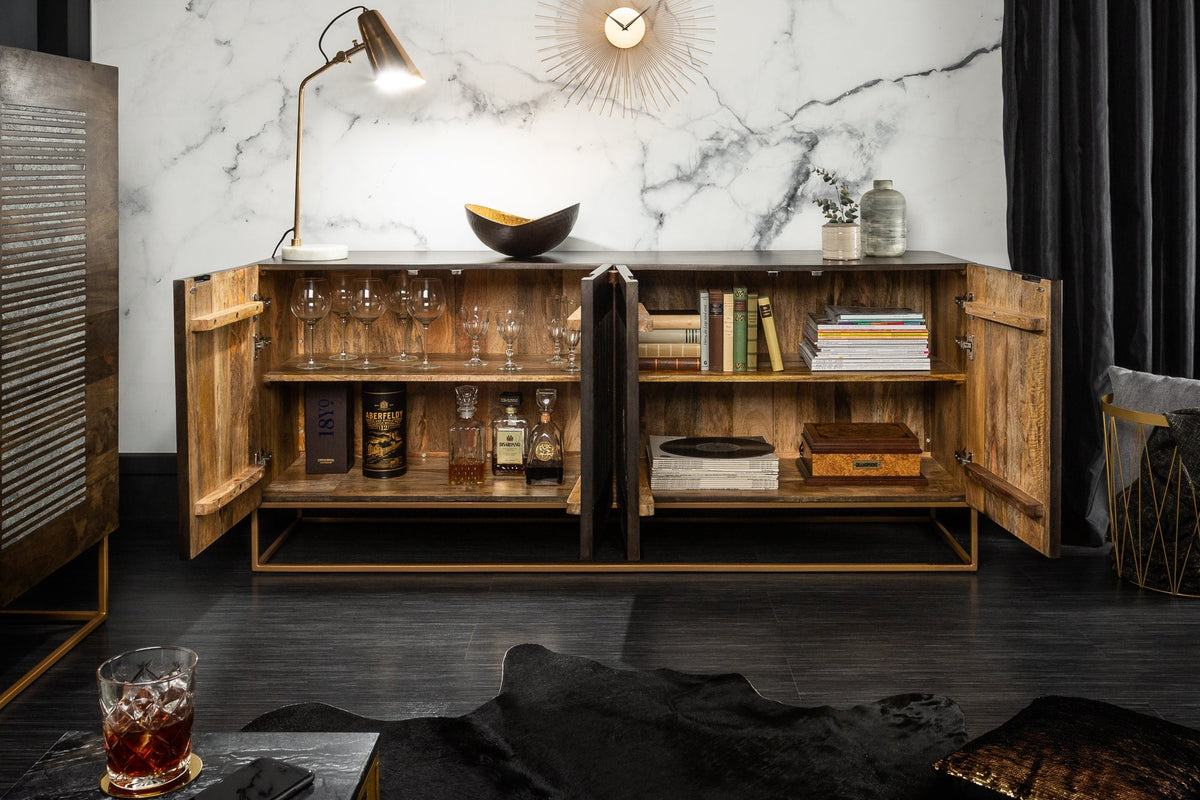 Buffet massif ONYX 180cm bois de manguier marron foncé pierre précieuse agate structure métal doré