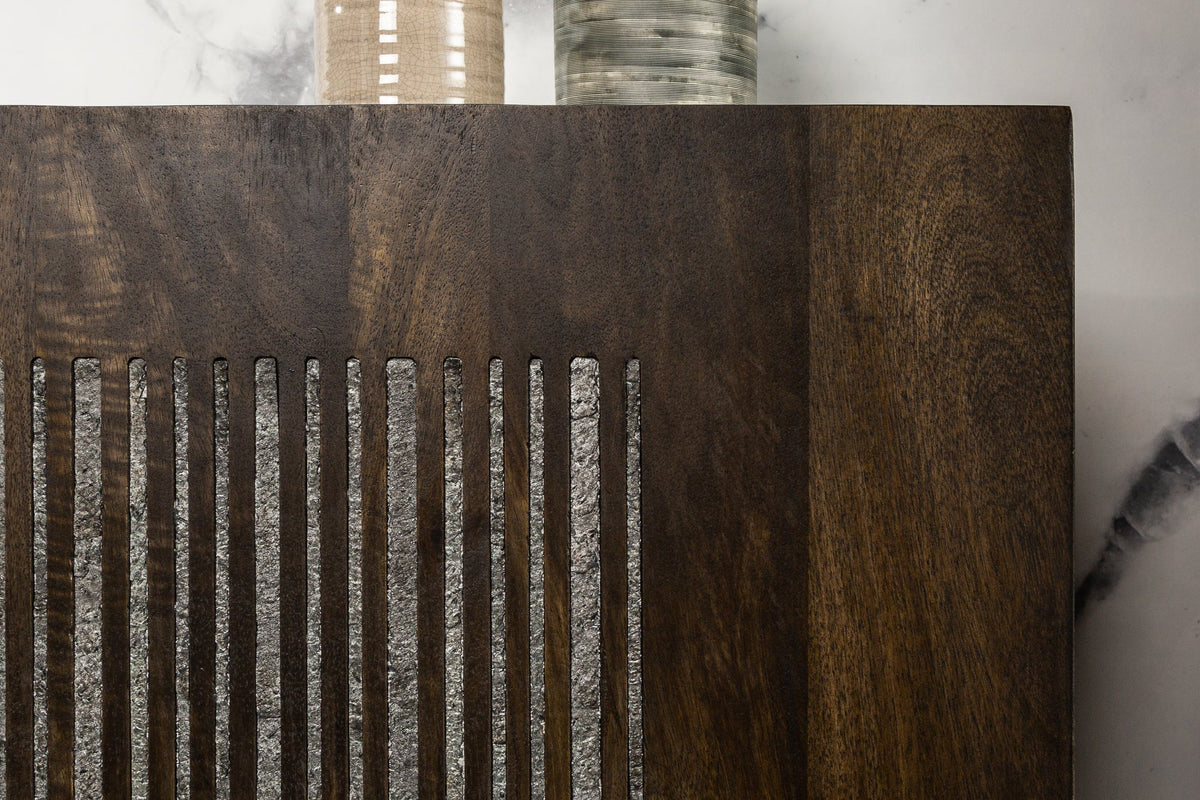 Buffet massif ONYX 180cm bois de manguier marron foncé pierre précieuse agate structure métal doré