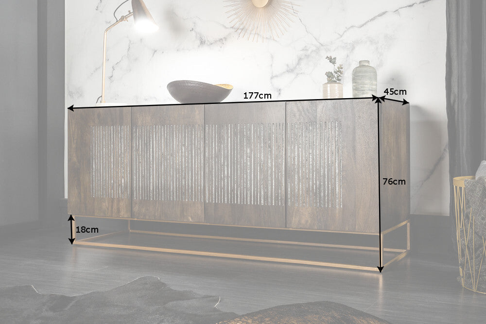 Buffet massif ONYX 180cm bois de manguier marron foncé pierre précieuse agate structure métal doré