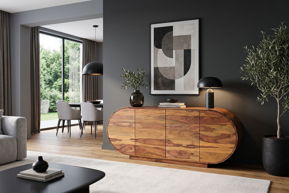Buffet massif ORGANIKO 180cm bois de sesham marron finition pierre ovale