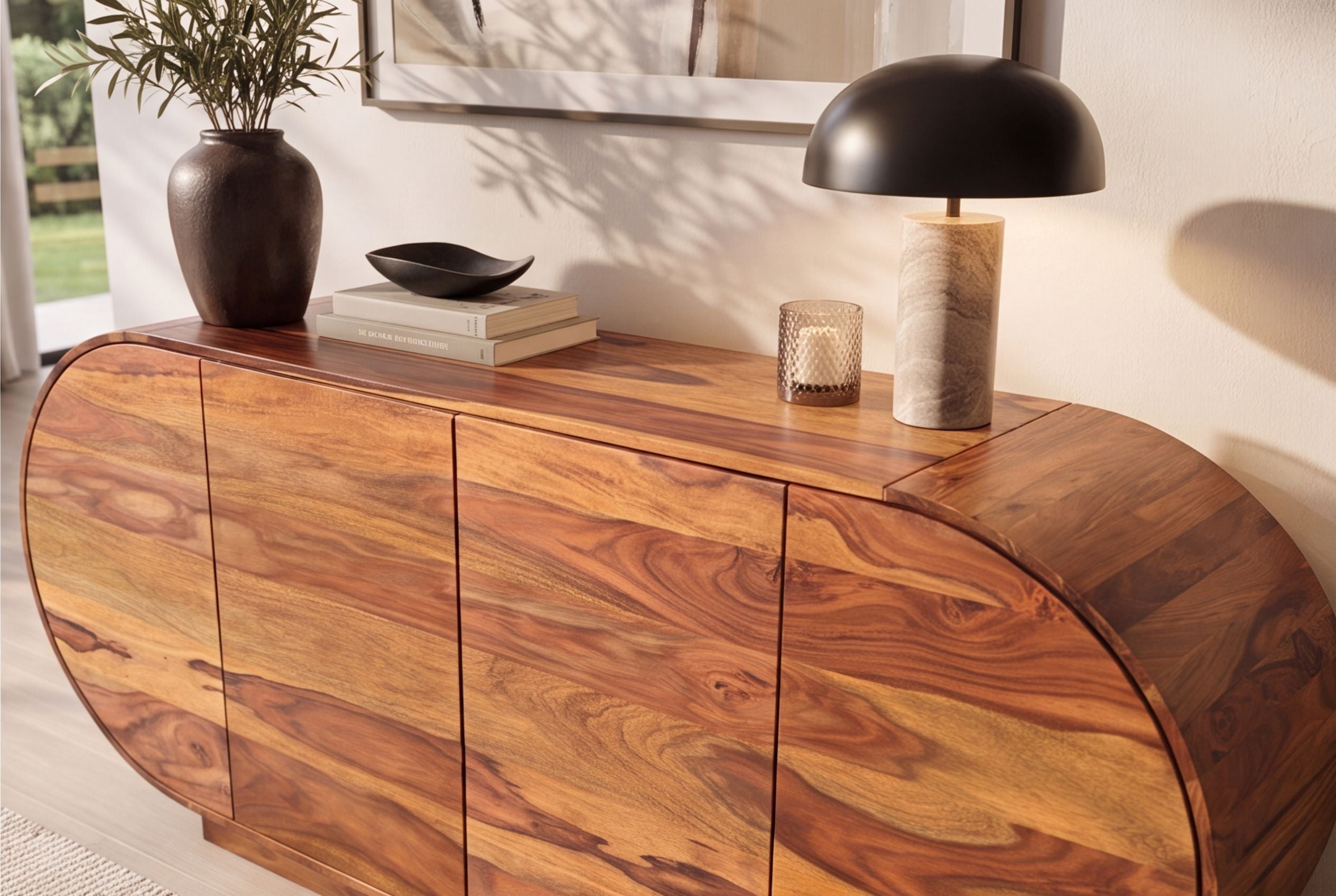 Buffet massif ORGANIKO 180cm bois de sesham marron finition pierre ovale