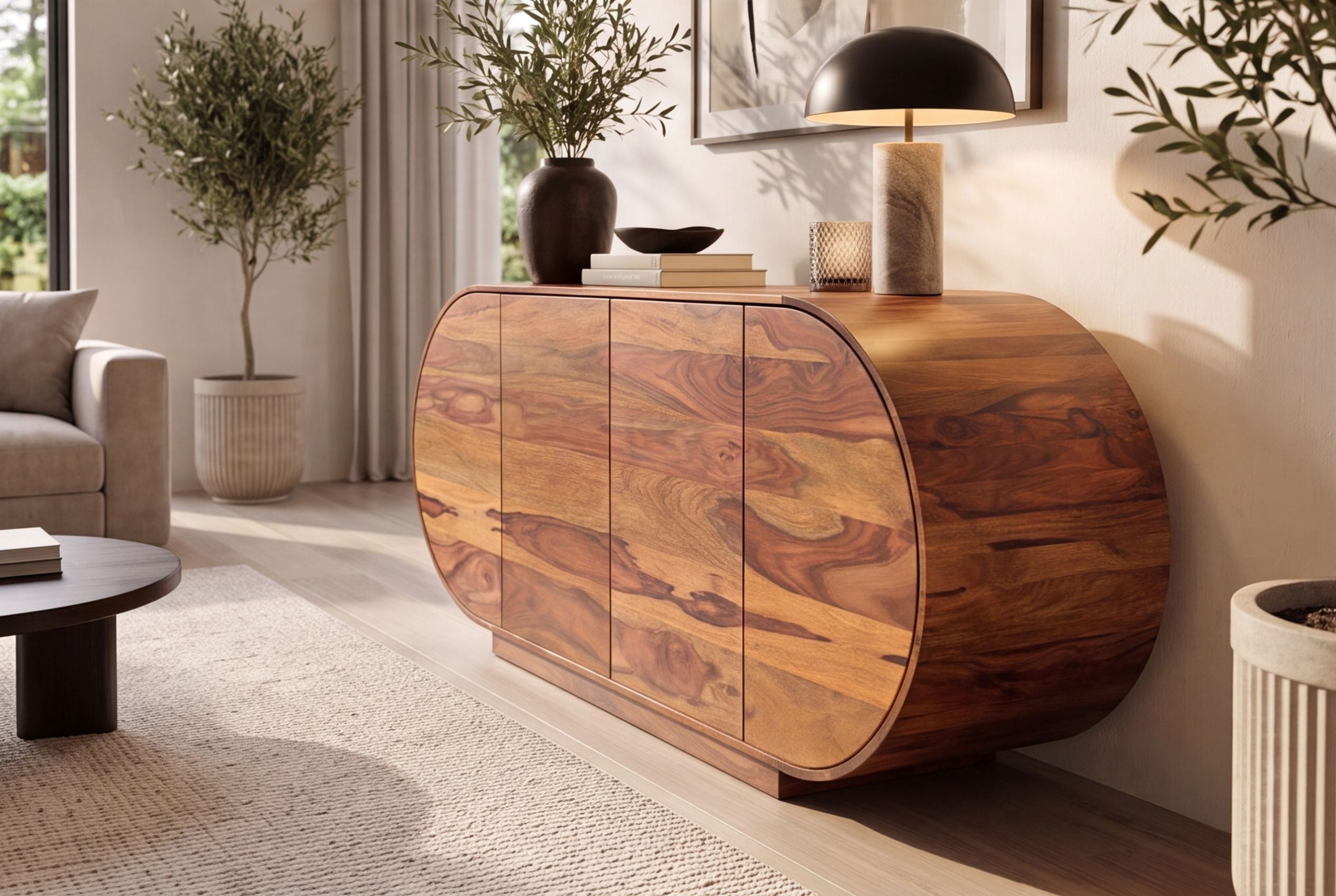 Buffet massif ORGANIKO 180cm bois de sesham marron finition pierre ovale