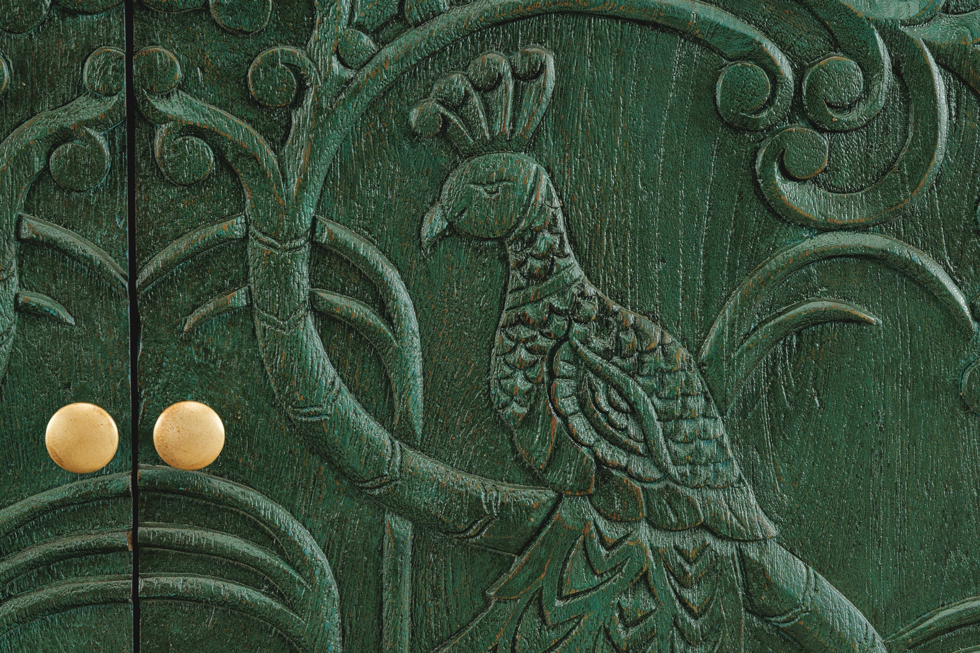 Buffet massif PEACOCK 175cm en bois de manguier vert antique sculpture 3D design paon