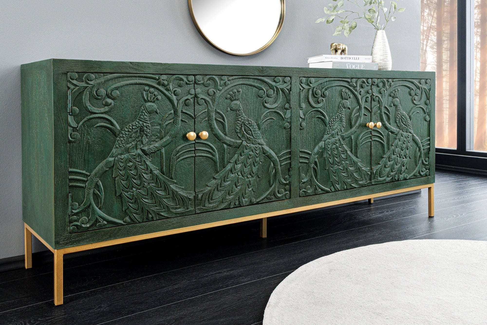 Buffet massif PEACOCK 175cm en bois de manguier vert antique sculpture 3D design paon