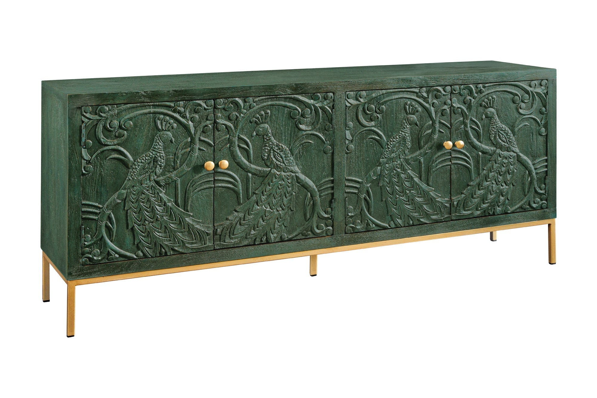 Buffet massif PEACOCK 175cm en bois de manguier vert antique sculpture 3D design paon