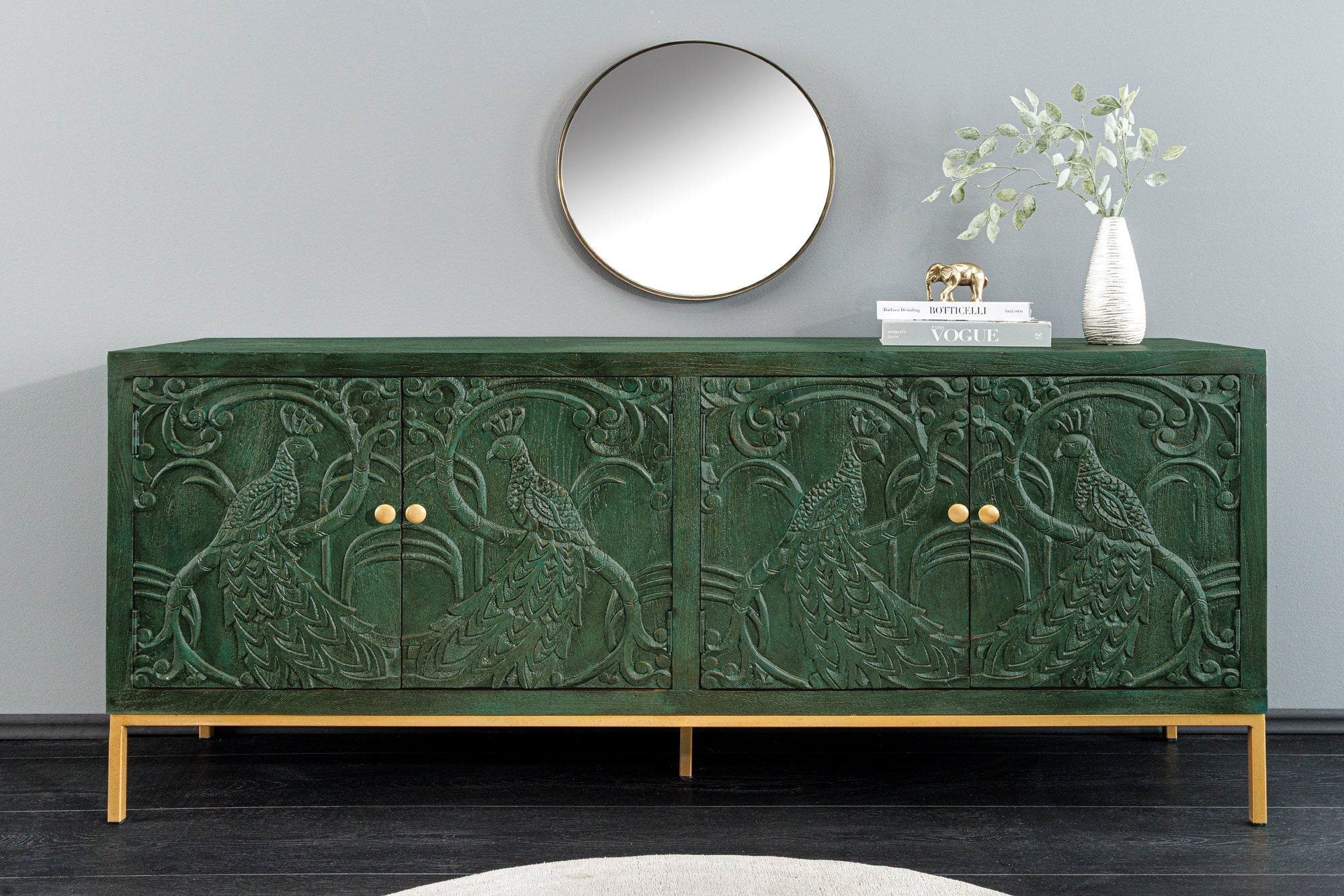 Buffet massif PEACOCK 175cm en bois de manguier vert antique sculpture 3D design paon