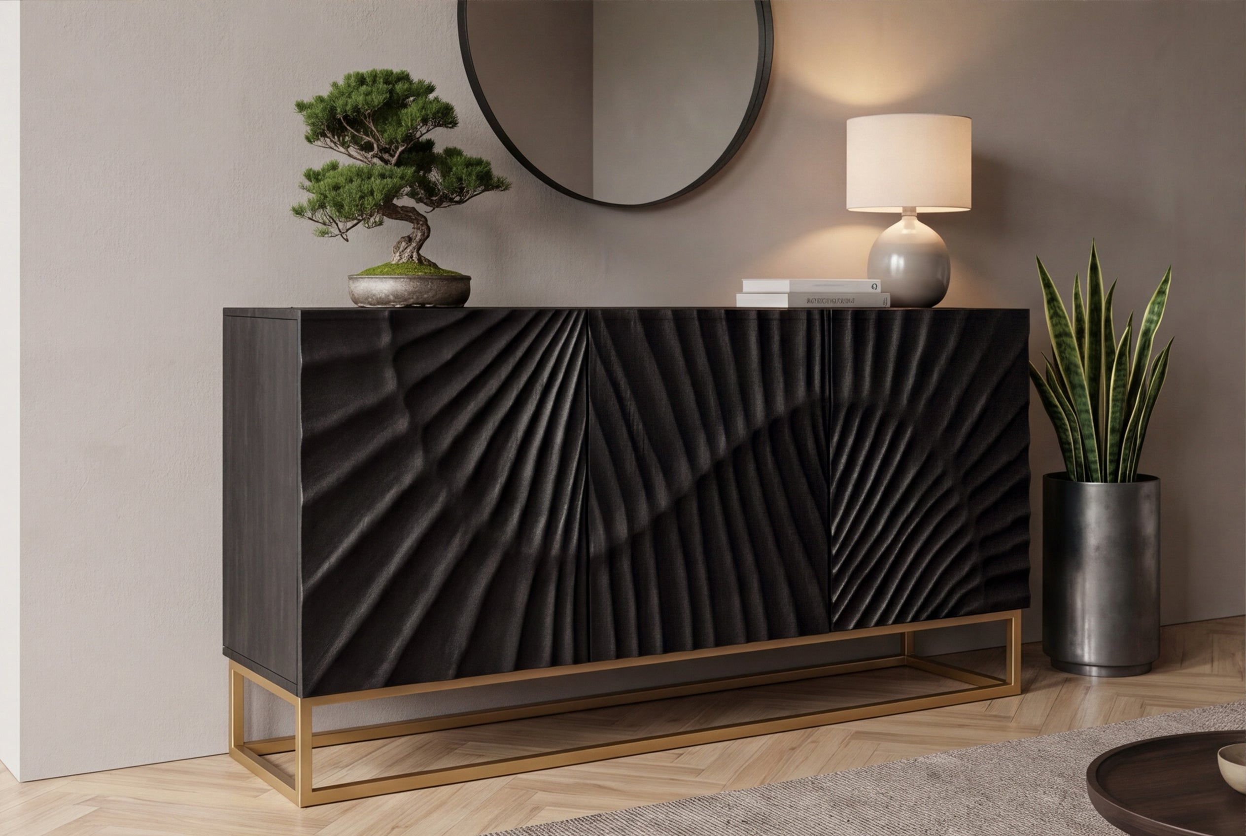 Buffet massif SCORPION 140cm en bois de manguier noir avec sculptures 3D élaborées