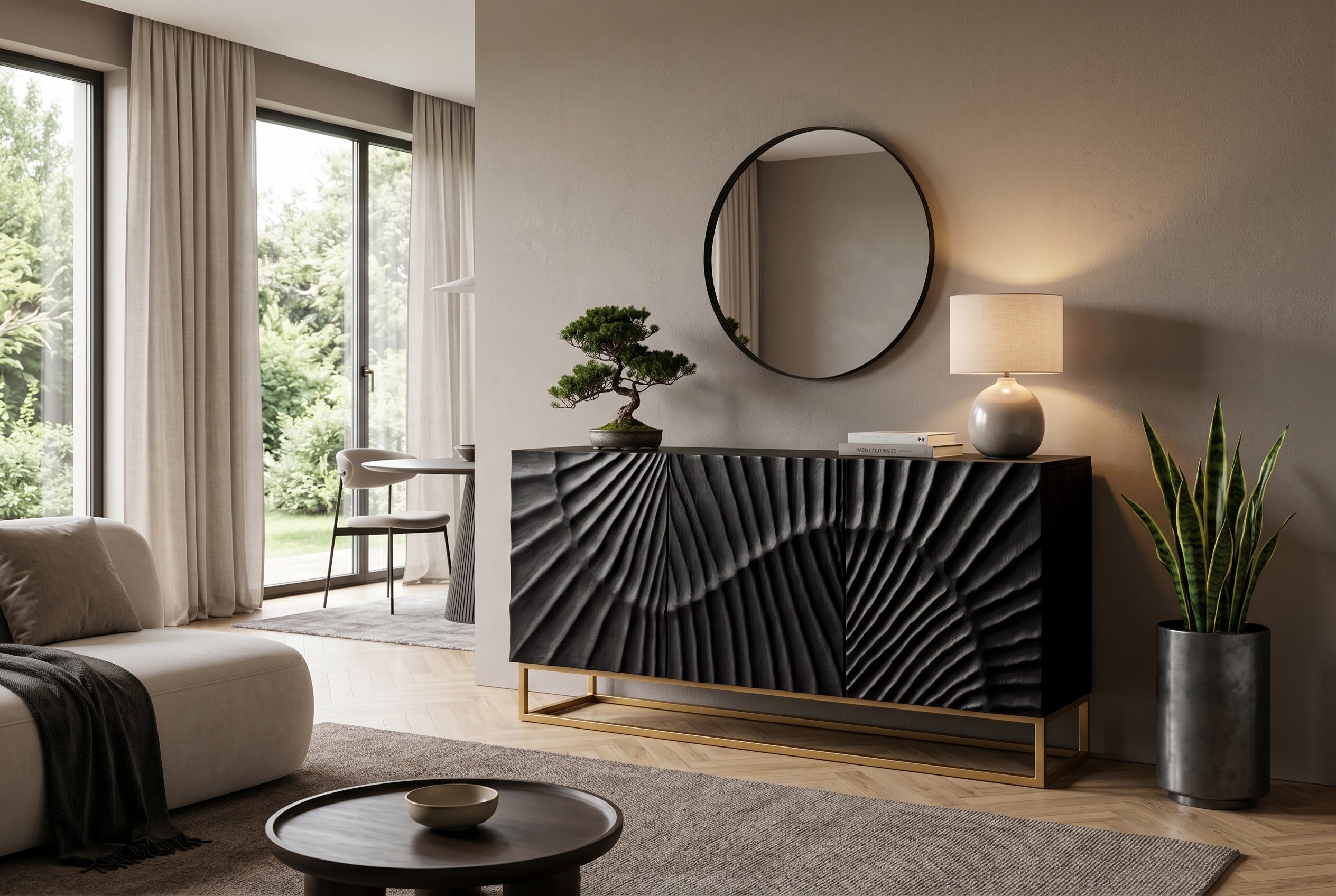 Buffet massif SCORPION 140cm en bois de manguier noir avec sculptures 3D élaborées