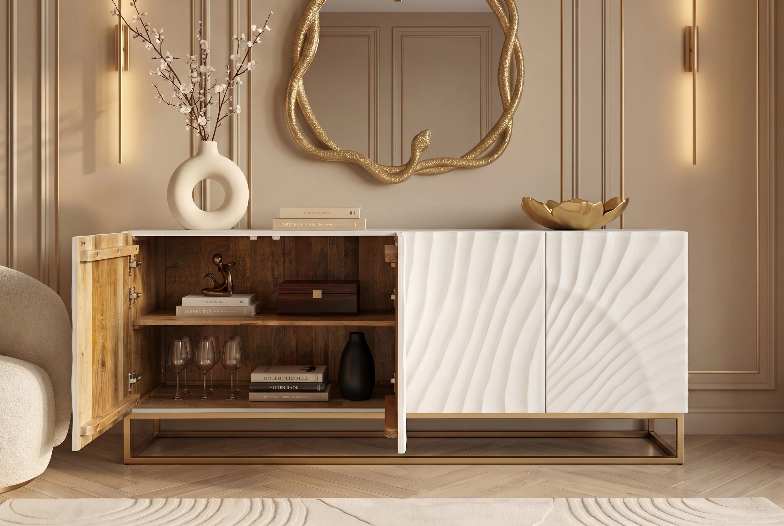 Buffet massif SCORPION 180cm bois de manguier blanc métal doré sculptures 3D