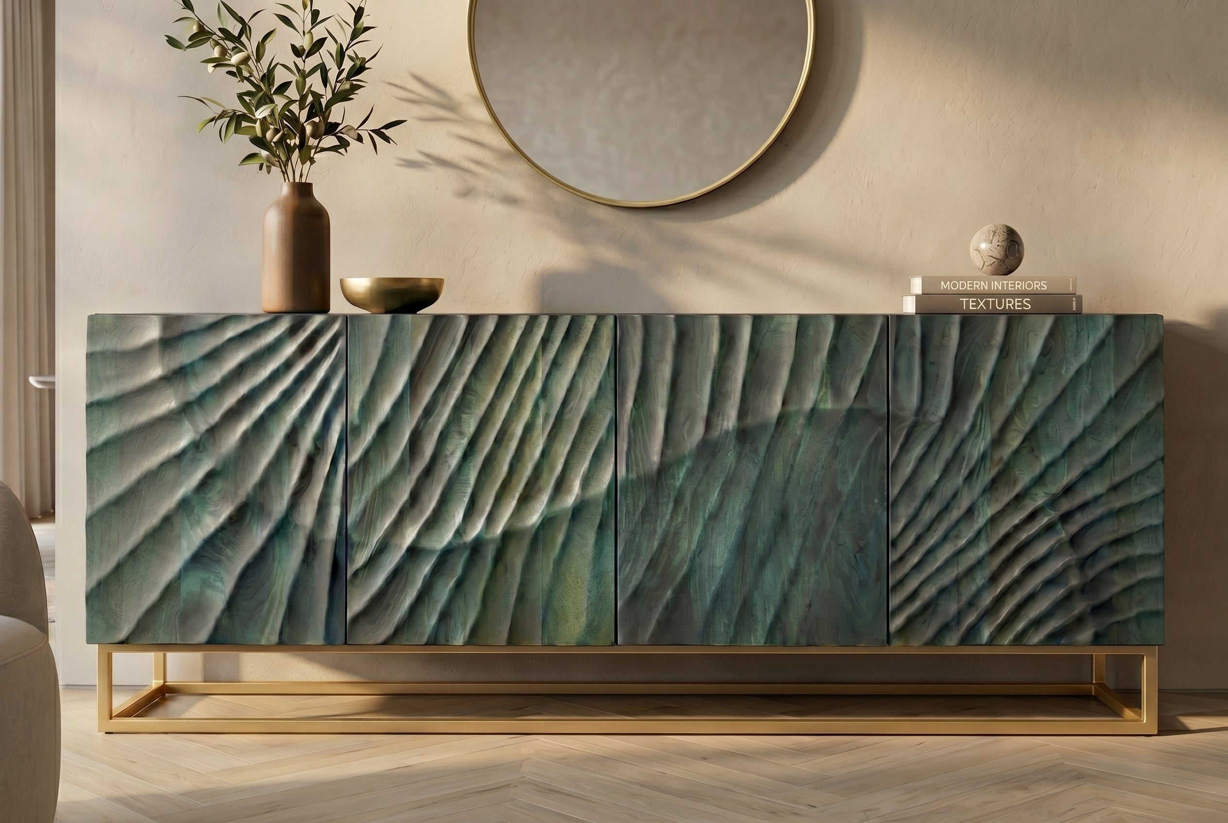 Buffet massif SCORPION 180cm bois de manguier turquoise métal doré sculptures 3D