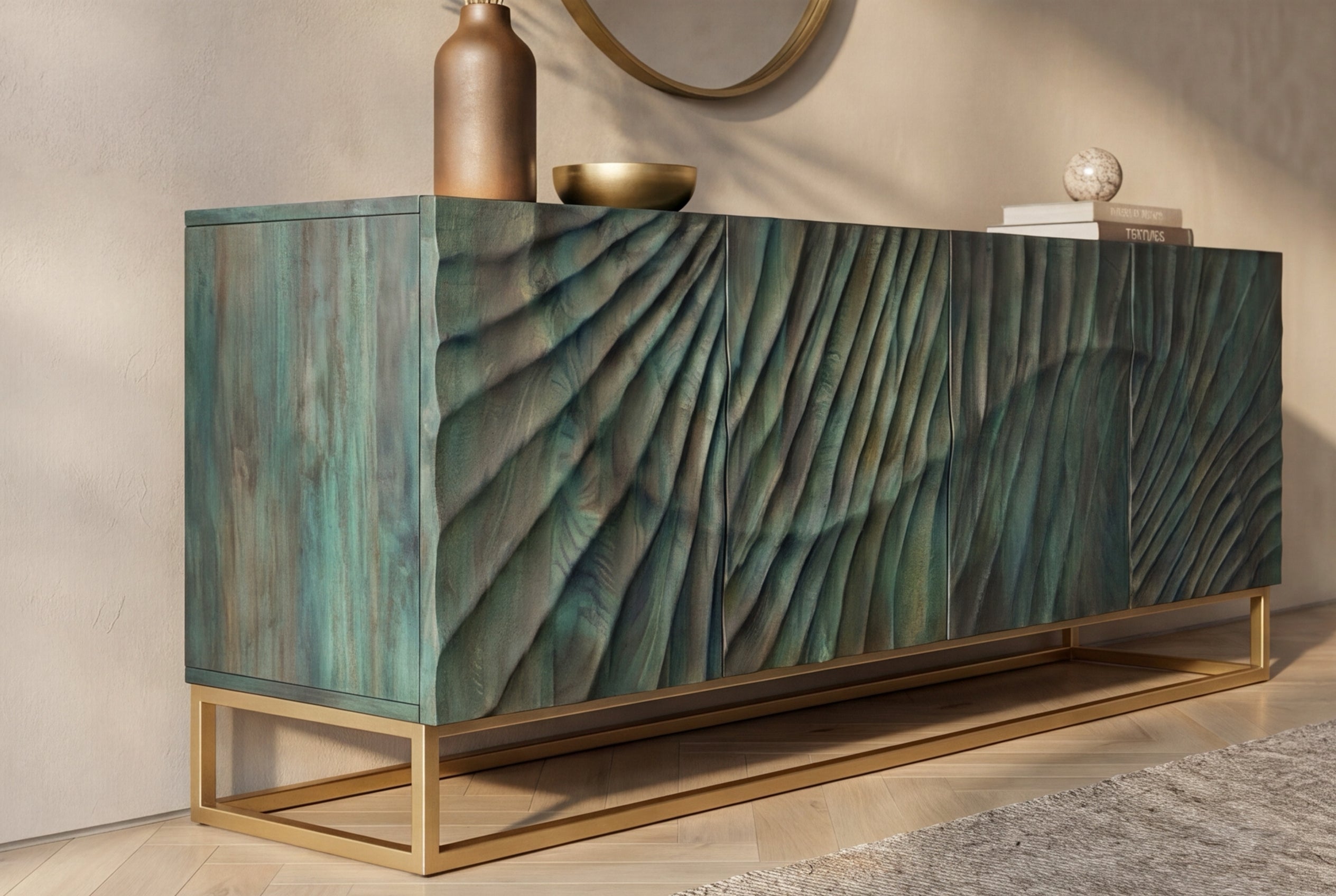 Buffet massif SCORPION 180cm bois de manguier turquoise métal doré sculptures 3D