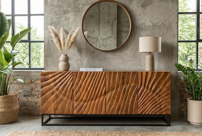 Buffet massif SCORPION 180cm en bois de manguier marron avec sculptures 3D élaborées