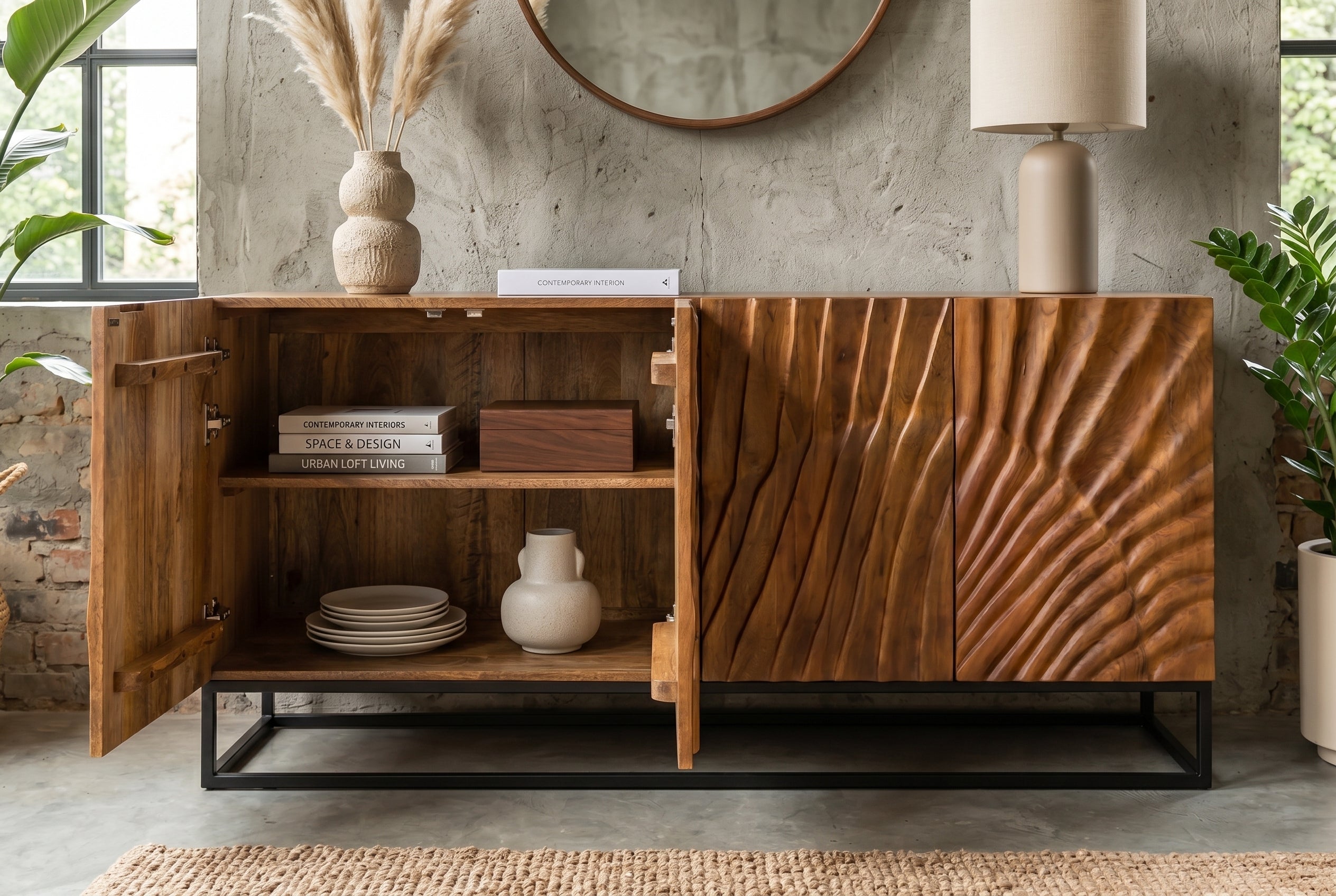 Buffet massif SCORPION 180cm en bois de manguier marron avec sculptures 3D élaborées