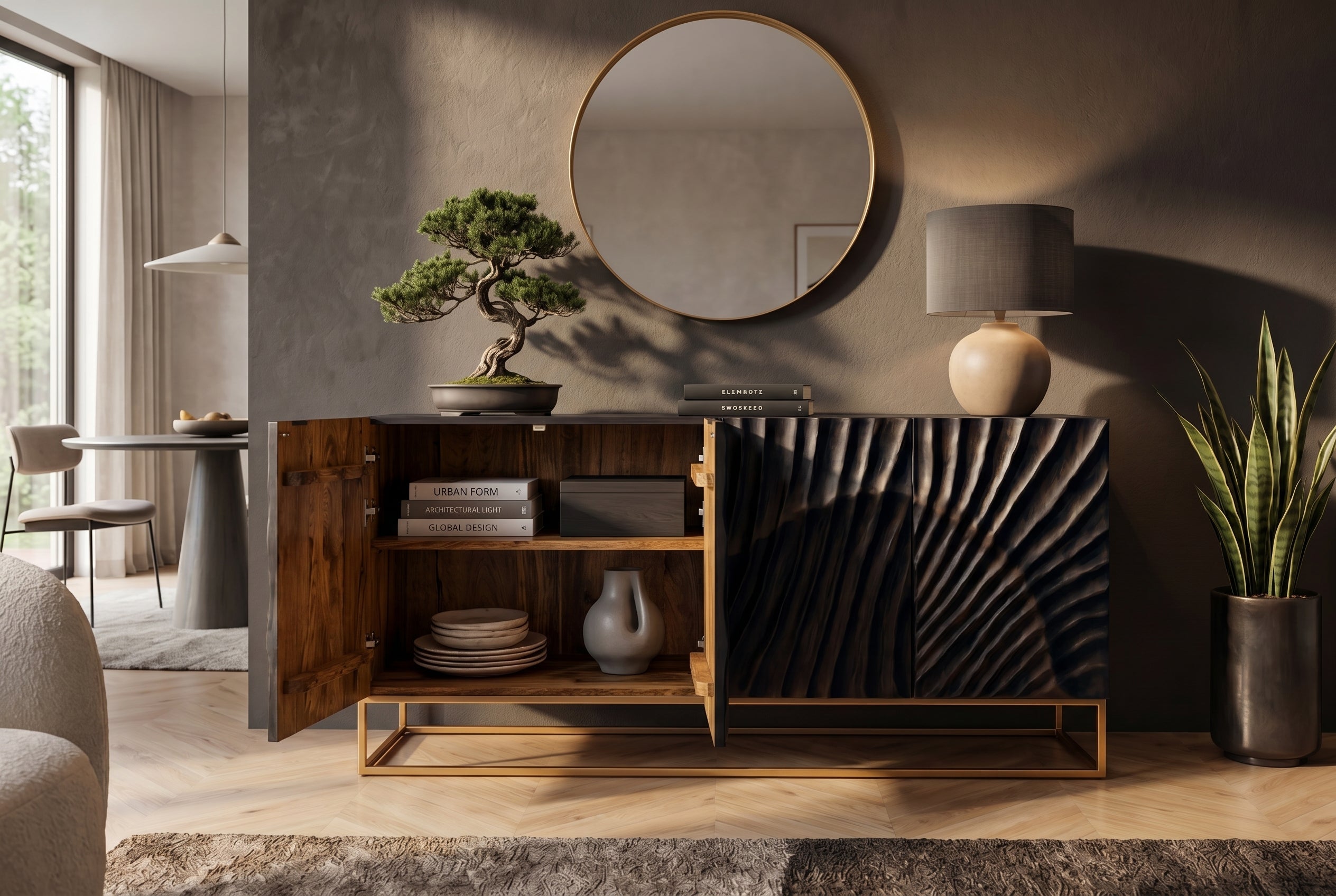 Buffet massif SCORPION 180cm en bois de manguier noir avec sculptures 3D élaborées