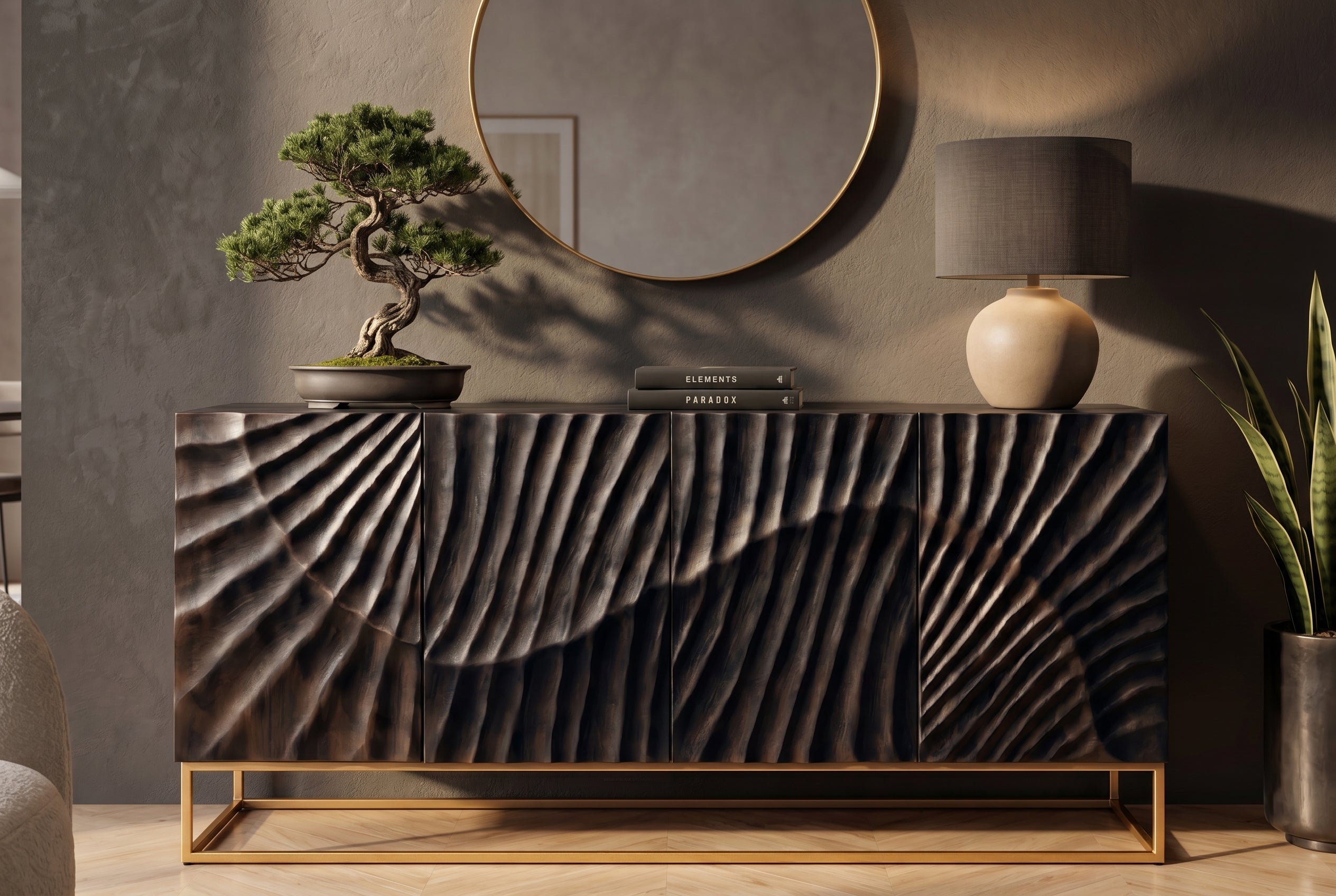 Buffet massif SCORPION 180cm en bois de manguier noir avec sculptures 3D élaborées