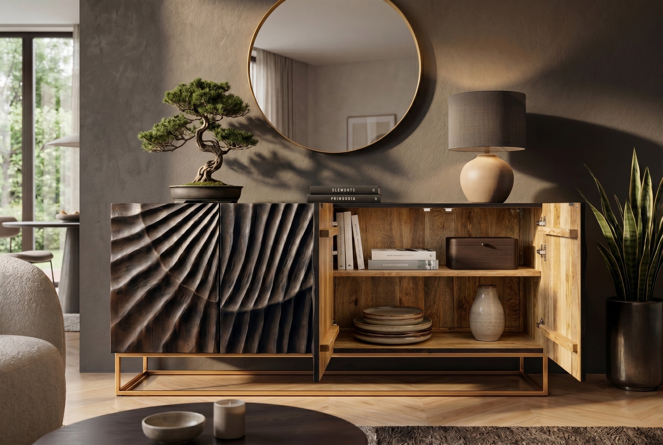 Buffet massif SCORPION 180cm en bois de manguier noir avec sculptures 3D élaborées
