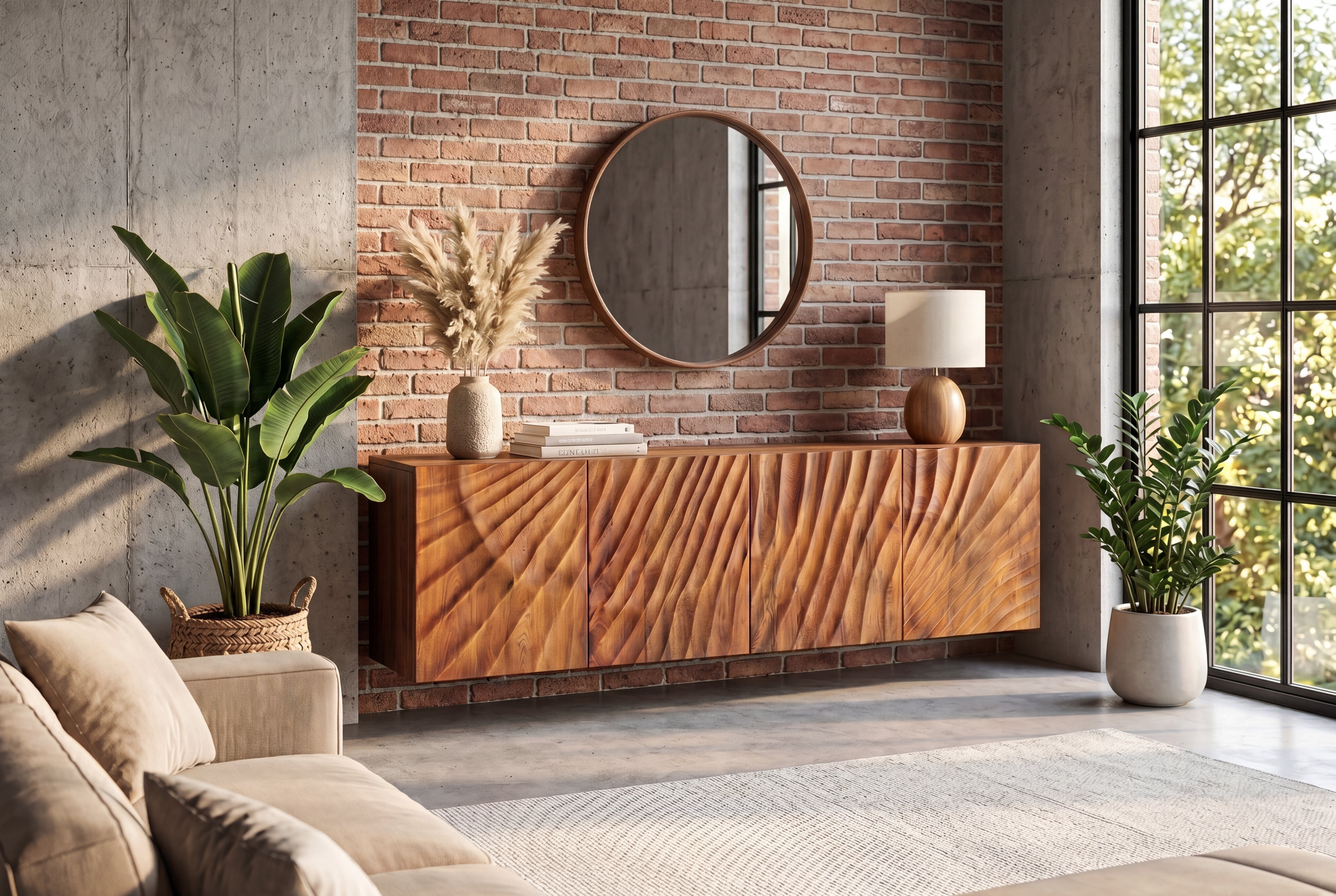 Buffet massif SCORPION 180cm marron suspendu en manguier avec sculptures 3D