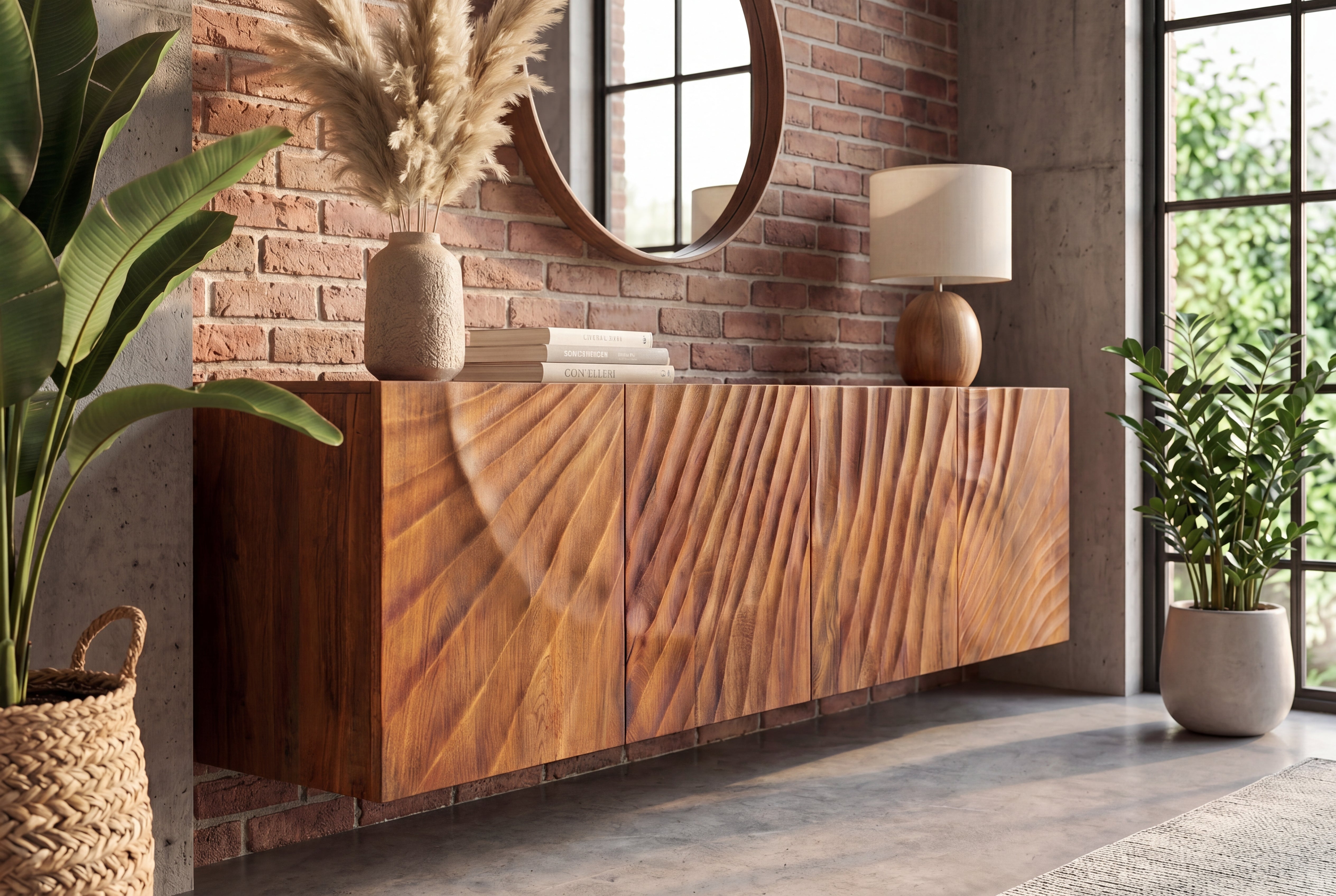 Buffet massif SCORPION 180cm marron suspendu en manguier avec sculptures 3D