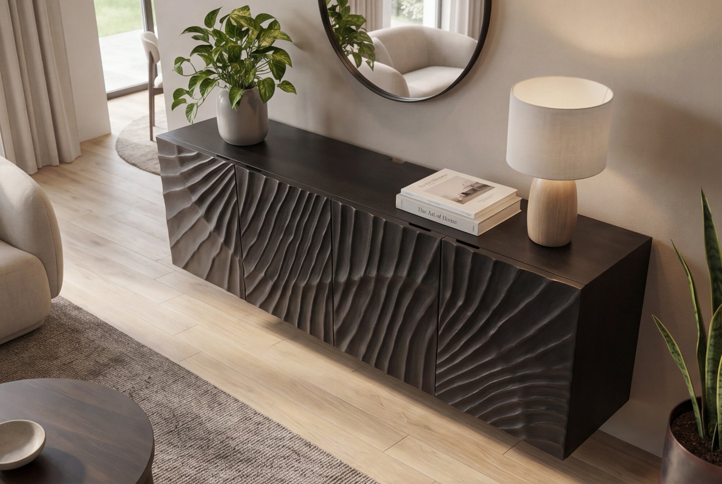 Buffet massif SCORPION 180cm noir suspendu en manguier design 3D