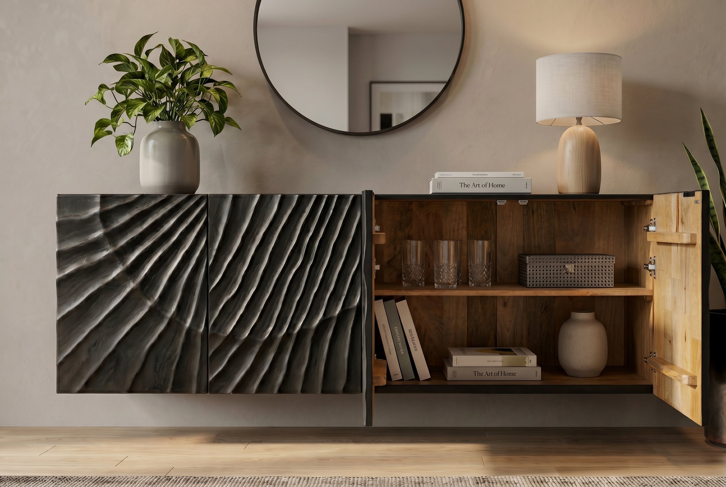 Buffet massif SCORPION 180cm noir suspendu en manguier design 3D