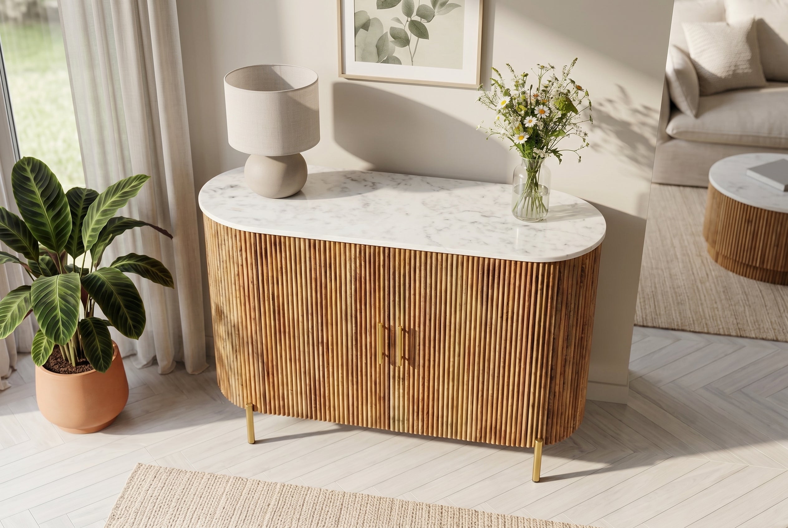 Buffet massif TRES CHIC 105cm bois de manguier naturel marbre blanc métal doré