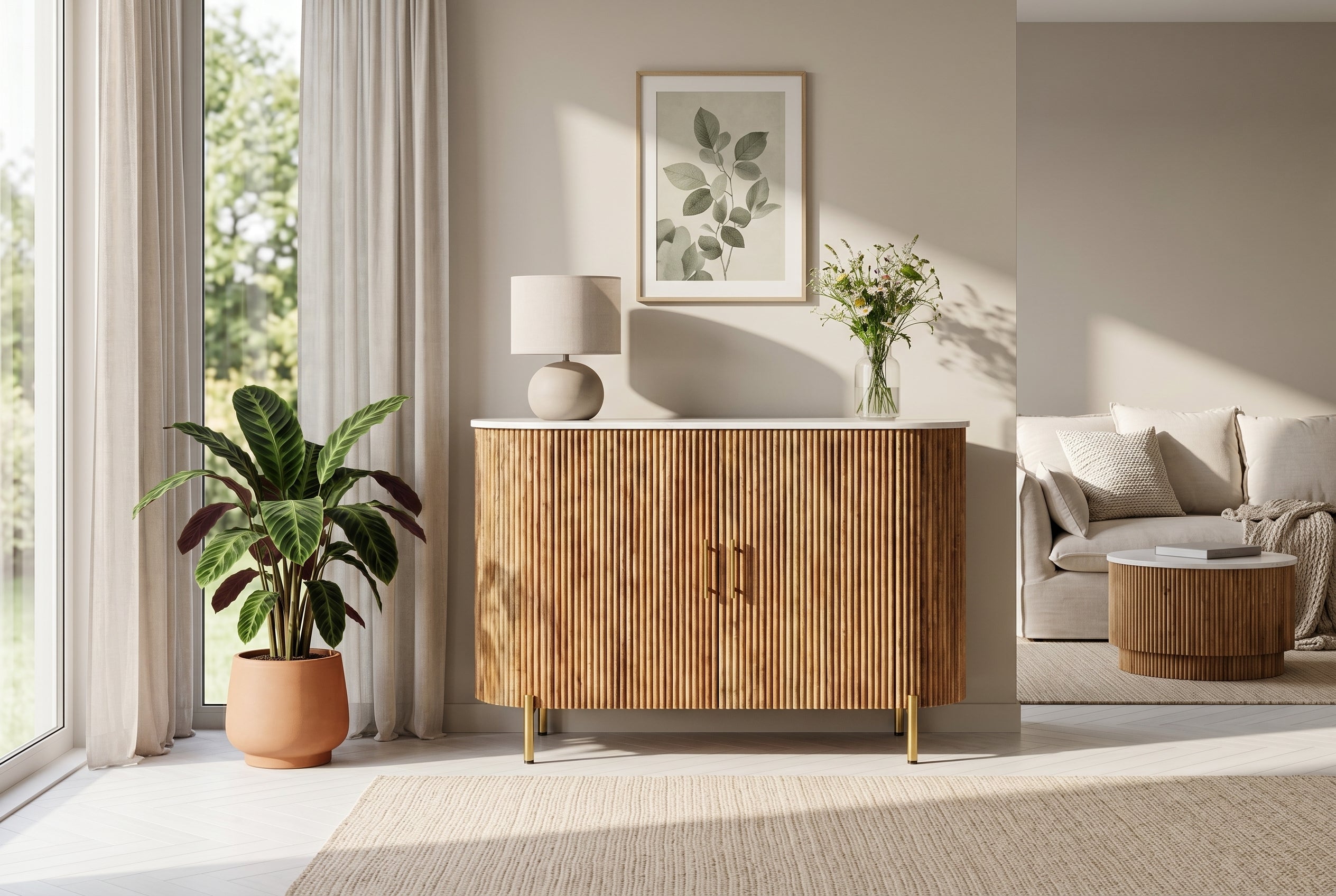 Buffet massif TRES CHIC 105cm bois de manguier naturel marbre blanc métal doré