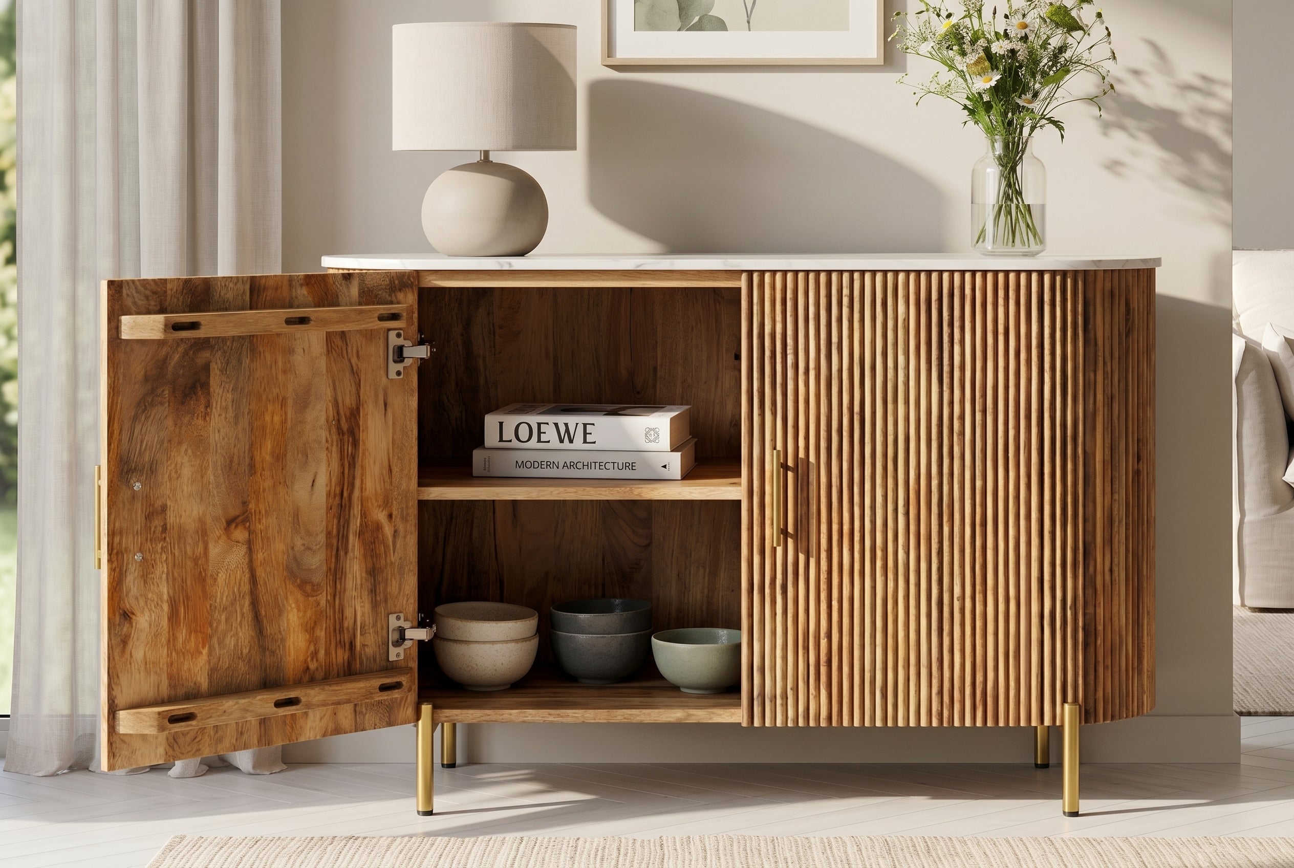 Buffet massif TRES CHIC 105cm bois de manguier naturel marbre blanc métal doré