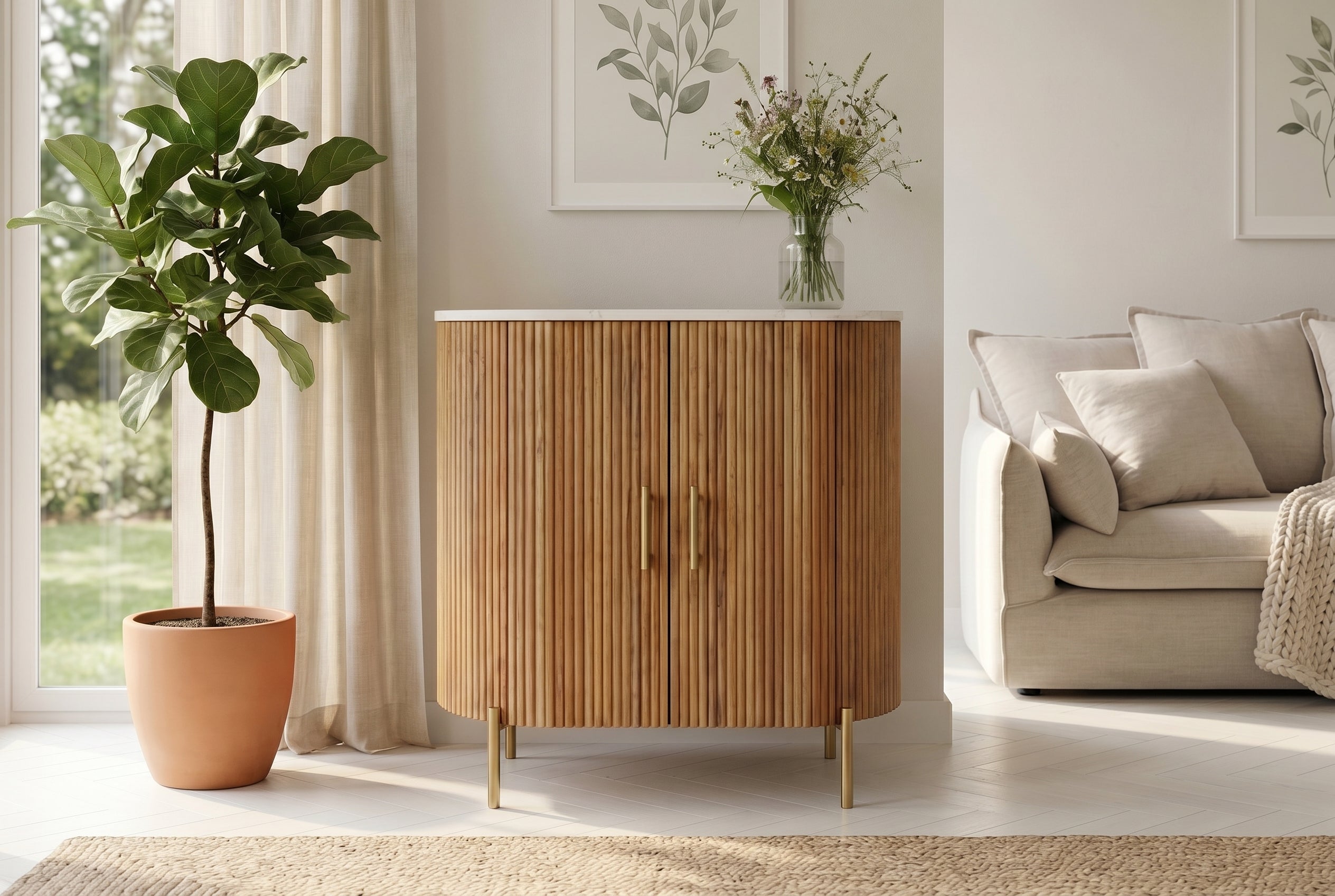 Buffet massif TRES CHIC 75cm bois de manguier naturel marbre blanc métal doré