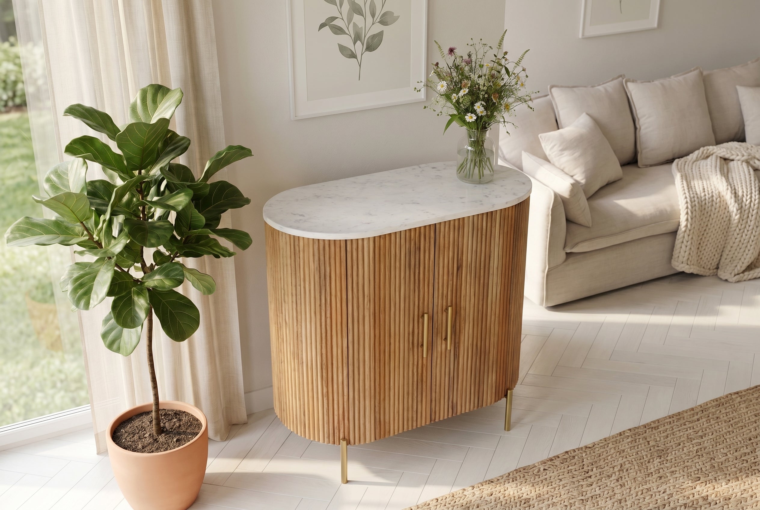 Buffet massif TRES CHIC 75cm bois de manguier naturel marbre blanc métal doré
