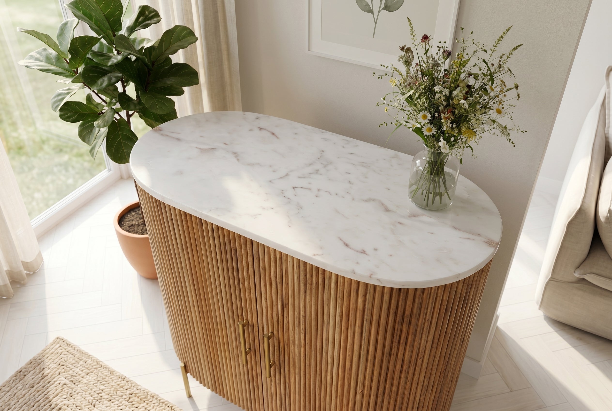 Buffet massif TRES CHIC 75cm bois de manguier naturel marbre blanc métal doré
