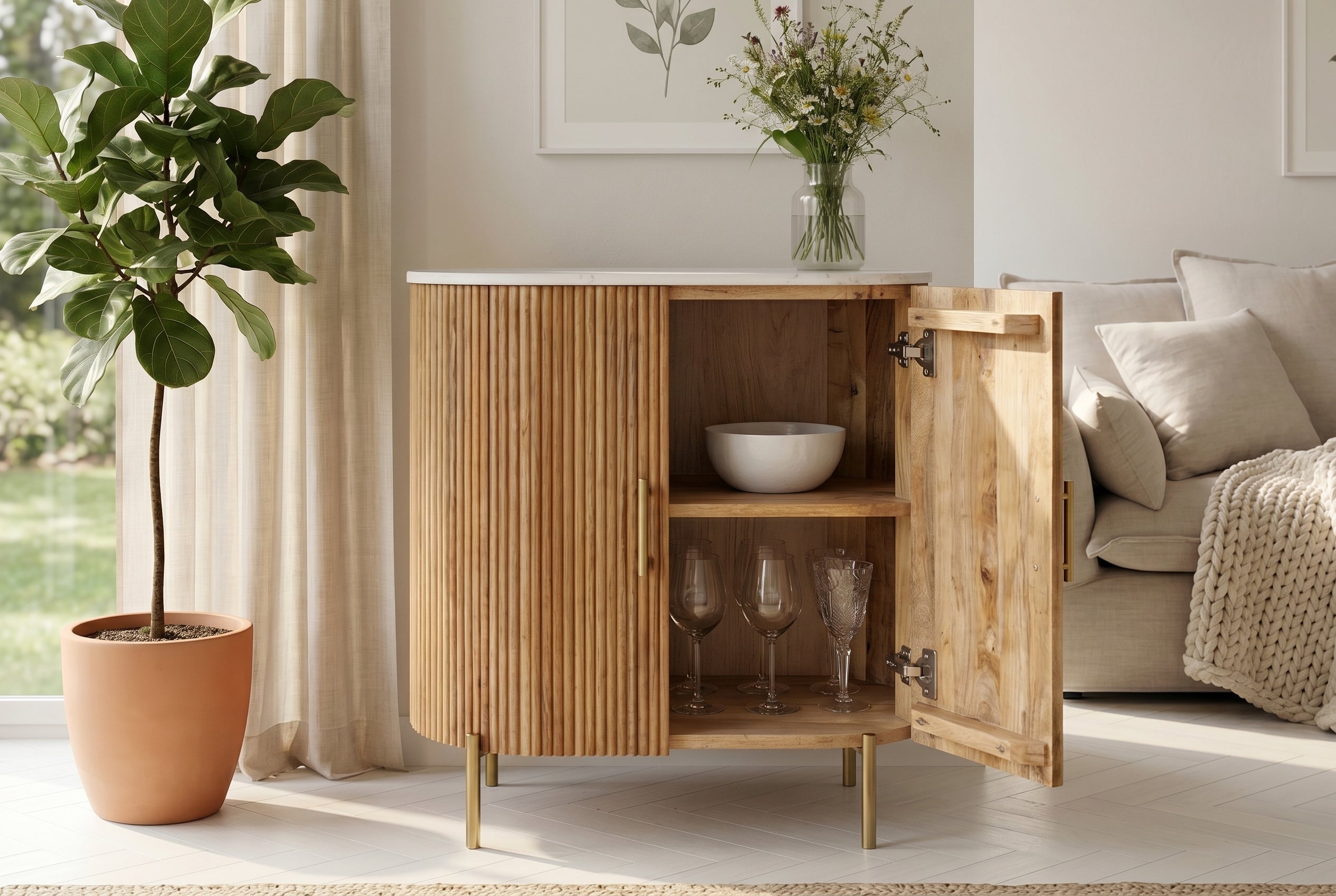 Buffet massif TRES CHIC 75cm bois de manguier naturel marbre blanc métal doré