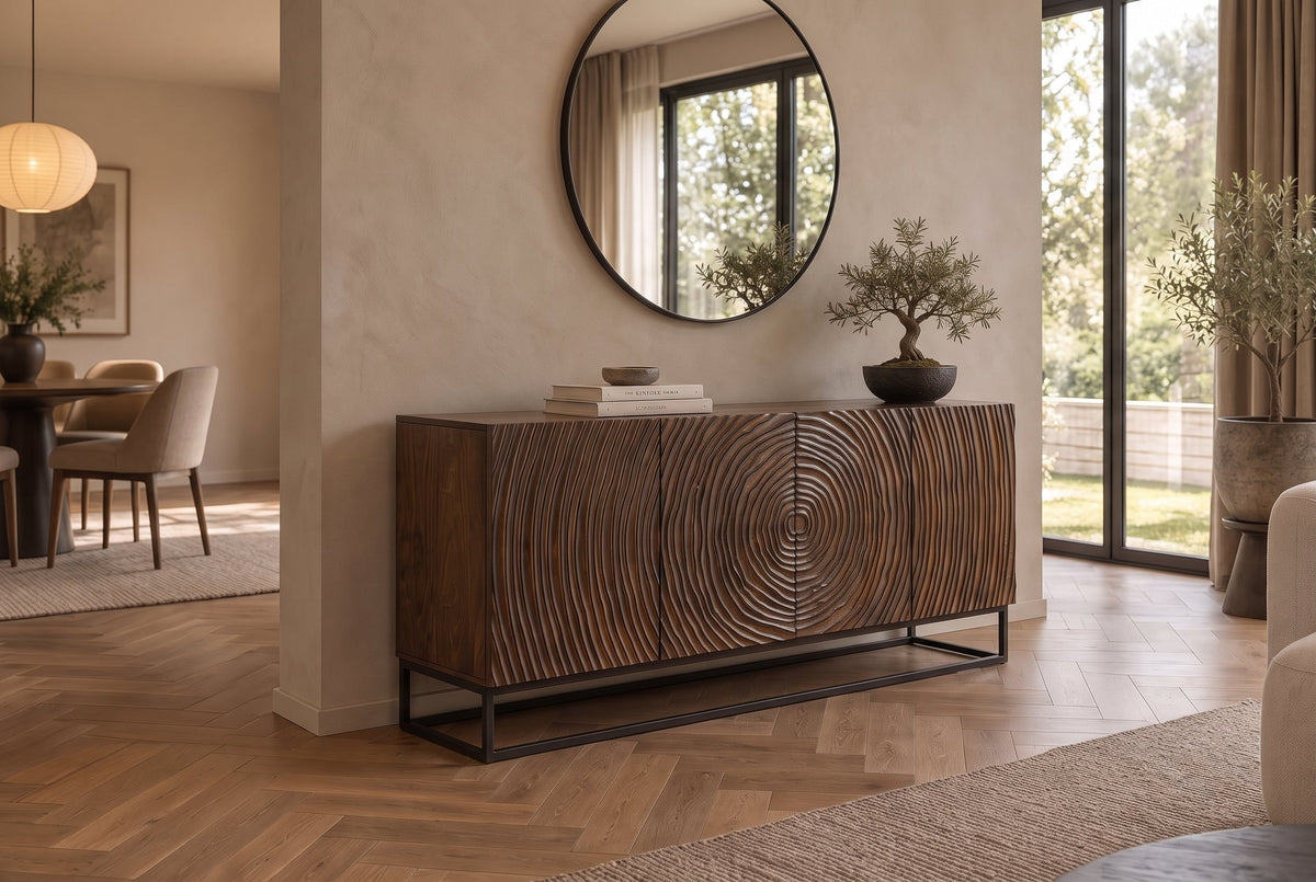 Buffet massif ZEN CIRCLES 160cm bois de manguier marron foncé design 3D