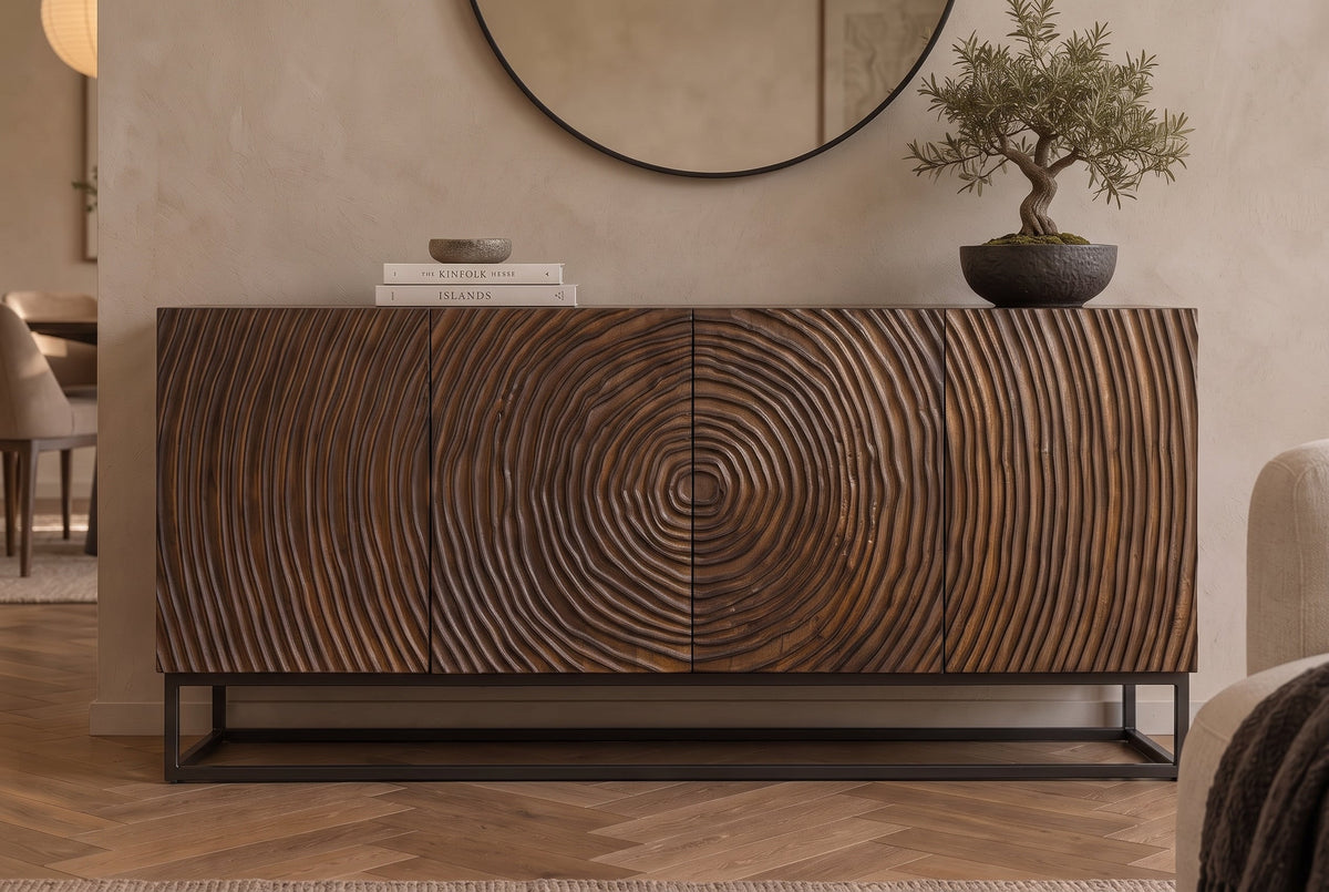 Buffet massif ZEN CIRCLES 160cm bois de manguier marron foncé design 3D